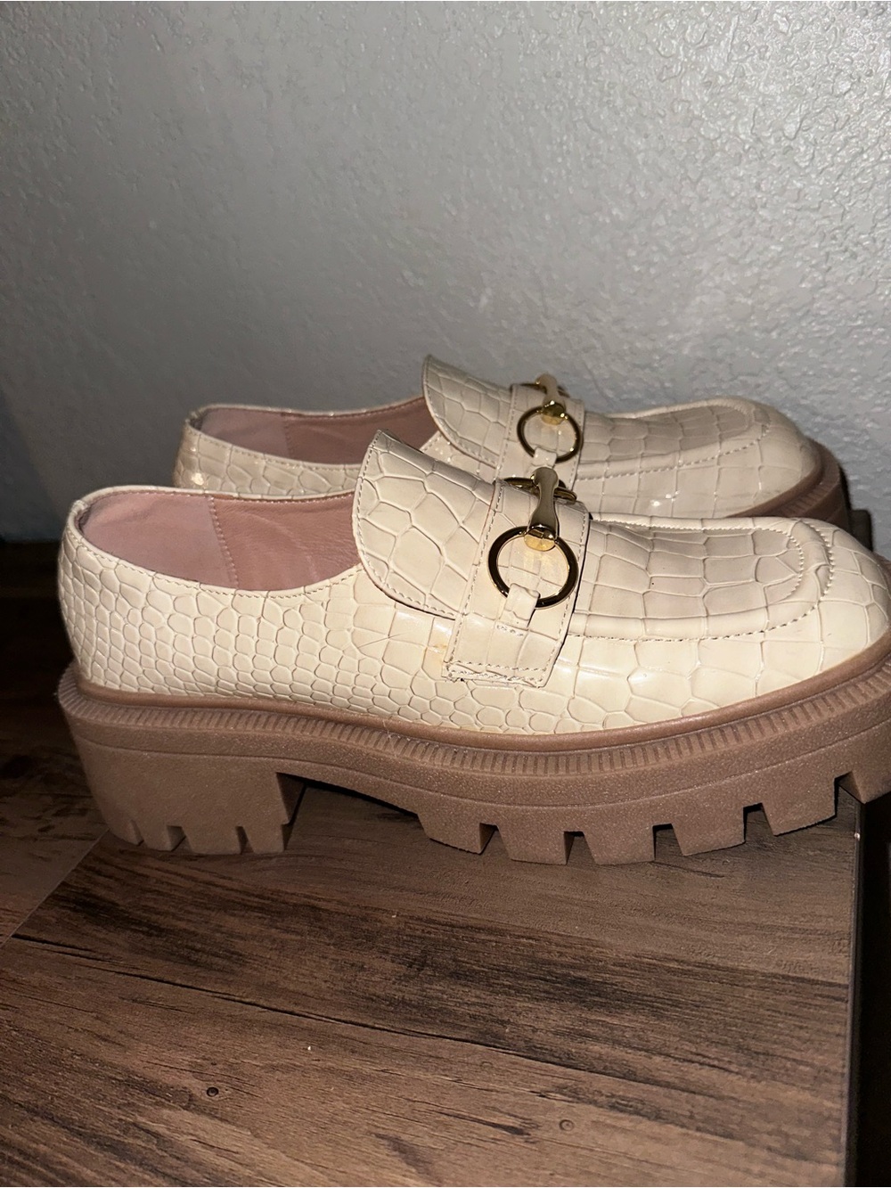 Urban Outfitters Cream Croc-Embossed Lug Sole Loafers with Gold Ring Hardware